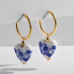 Ethnic Blue Porcelain Heart Stainless Steel Pearl Earrings